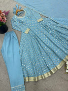 Powder Blue Georgette Embroidered Anarkali Suit Set - BONYHUBSALWAR KAMEEZ