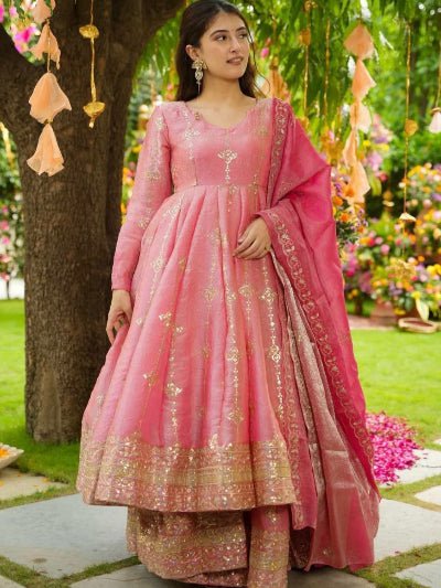 Pink Crunchy Silk Embroidered Anarkali Suit Set - BONYHUBSALWAR KAMEEZ