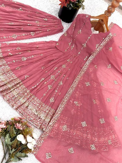Pink Crunchy Silk Embroidered Anarkali Suit Set - BONYHUBSALWAR KAMEEZ