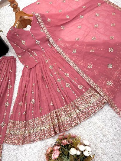Pink Crunchy Silk Embroidered Anarkali Suit Set - BONYHUBSALWAR KAMEEZ