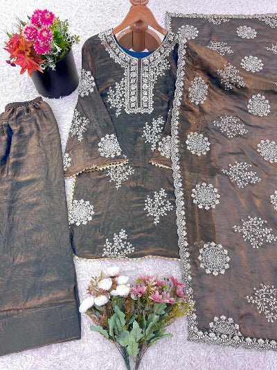 Elegant Grey Bronze White Embroidery Farshi Suit - BONYHUBSALWAR KAMEEZ