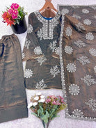 Elegant Grey Bronze White Embroidery Farshi Suit - BONYHUBSALWAR KAMEEZ