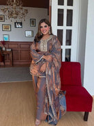 Elegant Grey Bronze White Embroidery Farshi Suit - BONYHUBSALWAR KAMEEZ