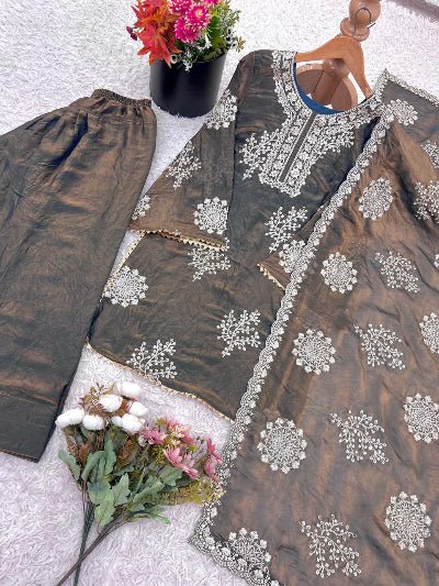 Elegant Grey Bronze White Embroidery Farshi Suit - BONYHUBSALWAR KAMEEZ