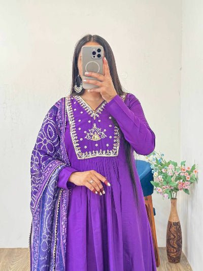 Purple Chanderi Cotton Anarkali Suit With Bandhani Dupatta - BONYHUBSALWAR KAMEEZ