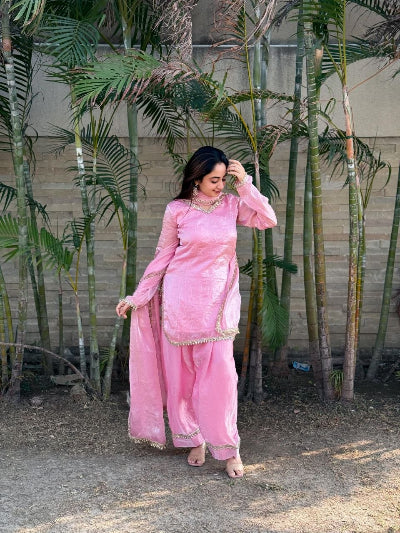 Rose Pink Satin Silk Farshi Suit Set
