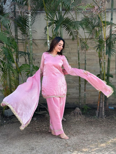 Rose Pink Satin Silk Farshi Suit Set