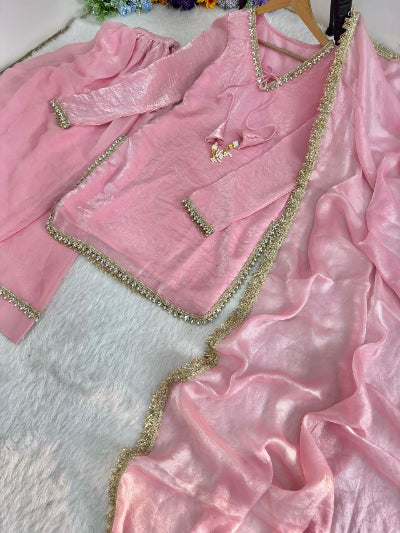 Rose Pink Satin Silk Farshi Suit Set