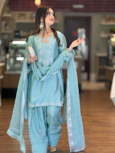 Powder Blue Glass Silk Embroidered Farshi Suit