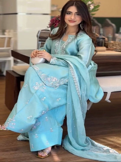 Powder Blue Glass Silk Embroidered Farshi Suit