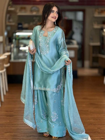Powder Blue Glass Silk Embroidered Farshi Suit