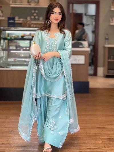 Powder Blue Glass Silk Embroidered Farshi Suit