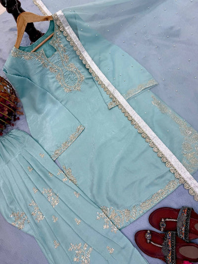 Powder Blue Glass Silk Embroidered Farshi Suit