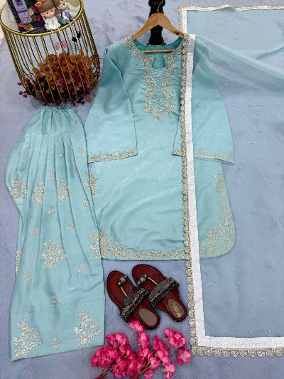 Powder Blue Glass Silk Embroidered Farshi Suit