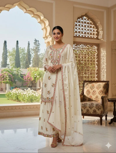 Cream Chinon Silk Embroidered Kurti Plazzo Set