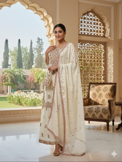 Cream Chinon Silk Embroidered Kurti Plazzo Set