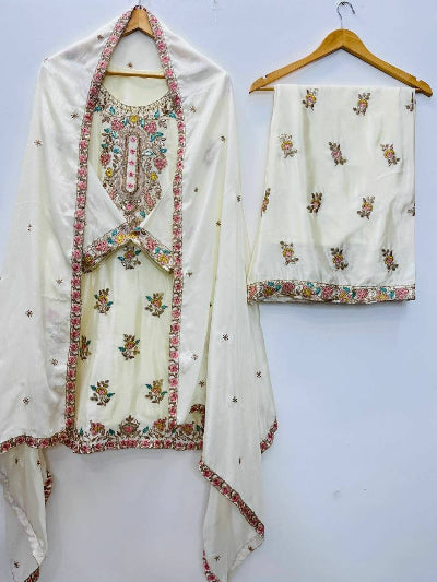 Cream Chinon Silk Embroidered Kurti Plazzo Set