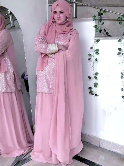Pastel Pink Georgette Sequins Work Sharara Palazzo Suit