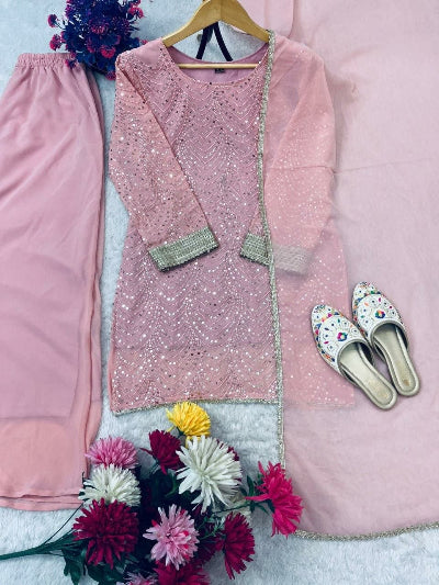 Pastel Pink Georgette Sequins Work Sharara Palazzo Suit