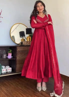 Beautiful Red Georgette Embroidered Anarkali Suit Set - BONYHUBSALWAR KAMEEZ