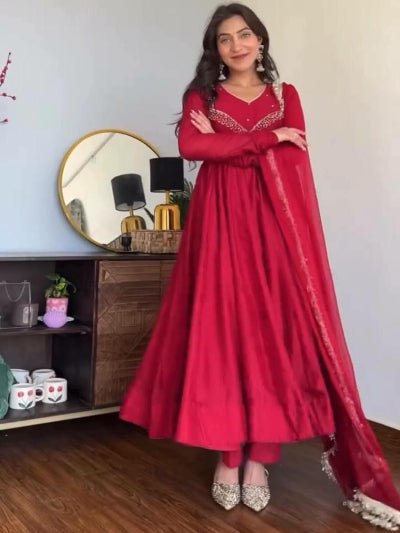 Beautiful Red Georgette Embroidered Anarkali Suit Set - BONYHUBSALWAR KAMEEZ