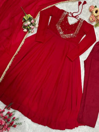 Beautiful Red Georgette Embroidered Anarkali Suit Set - BONYHUBSALWAR KAMEEZ