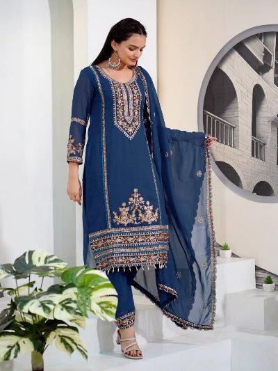 Teal Blue Georgette Gold Embroidered Straight Suit Set - BONYHUBSALWAR KAMEEZ