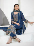 Teal Blue Georgette Gold Embroidered Straight Suit Set - BONYHUBSALWAR KAMEEZ