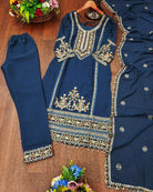 Teal Blue Georgette Gold Embroidered Straight Suit Set - BONYHUBSALWAR KAMEEZ
