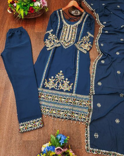 Teal Blue Georgette Gold Embroidered Straight Suit Set - BONYHUBSALWAR KAMEEZ