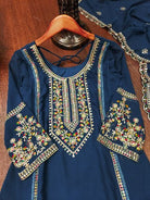 Teal Blue Georgette Gold Embroidered Straight Suit Set - BONYHUBSALWAR KAMEEZ