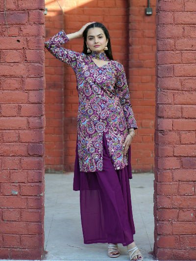 Purple Tapeta Silk Embroidered Mirror Work Sharara Suit - BONYHUBSALWAR KAMEEZ