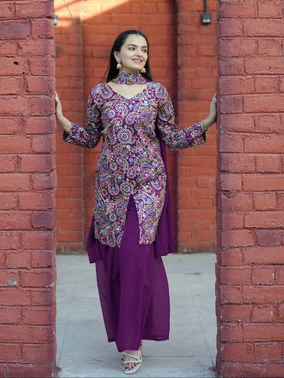 Purple Tapeta Silk Embroidered Mirror Work Sharara Suit - BONYHUBSALWAR KAMEEZ