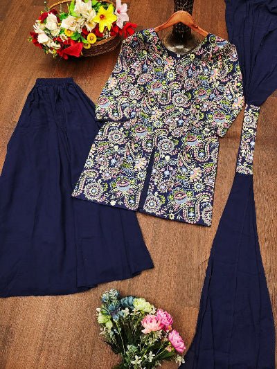Navy Blue Tapeta Silk Embroidered Mirror Work Sharara Suit - BONYHUBSALWAR KAMEEZ