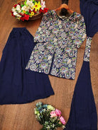 Navy Blue Tapeta Silk Embroidered Mirror Work Sharara Suit - BONYHUBSALWAR KAMEEZ