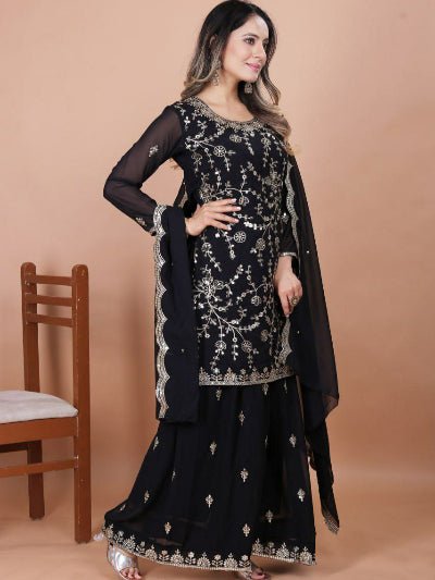 Black Designer Georgette Sharara Suit with Embroidery Dupatta - BONYHUBSALWAR KAMEEZ