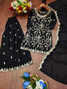Black Designer Georgette Sharara Suit with Embroidery Dupatta - BONYHUBSALWAR KAMEEZ
