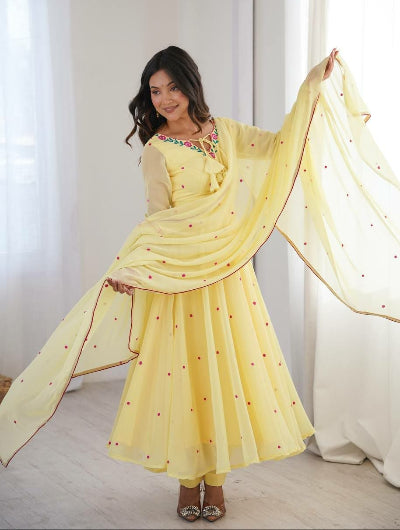 Butter Yellow Georgette Embroidered Anarkali Suit for Women