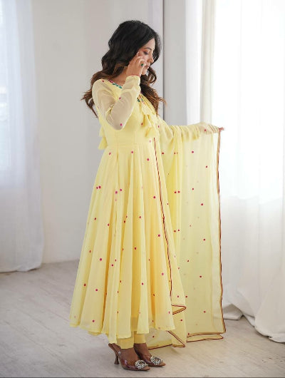 Butter Yellow Georgette Embroidered Anarkali Suit for Women