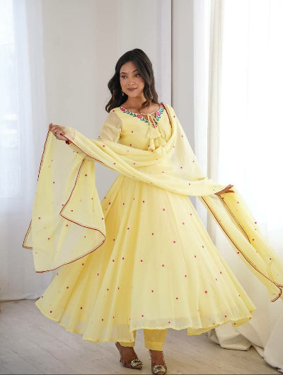 Butter Yellow Georgette Embroidered Anarkali Suit for Women