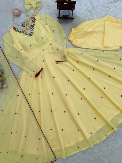 Butter Yellow Georgette Embroidered Anarkali Suit for Women