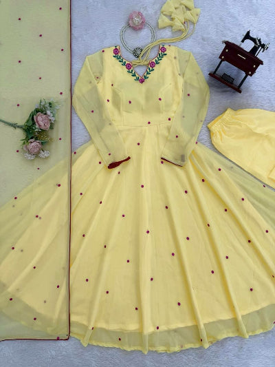 Butter Yellow Georgette Embroidered Anarkali Suit for Women