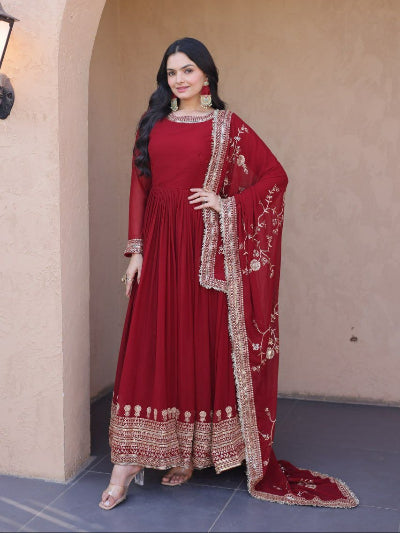Red Georgette Embroidered Gown Dupatta Set Of 2