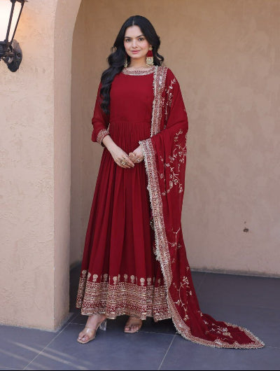 Red Georgette Embroidered Gown Dupatta Set Of 2