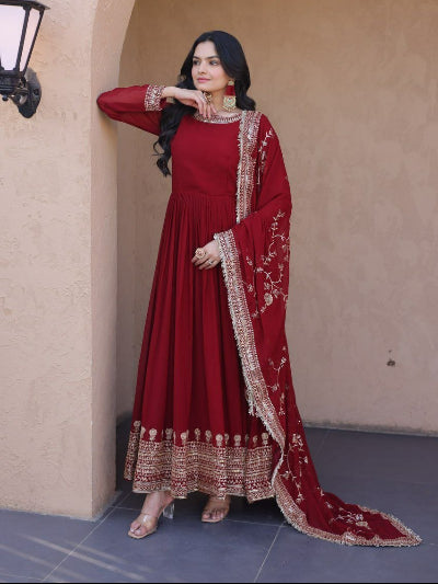 Red Georgette Embroidered Gown Dupatta Set Of 2