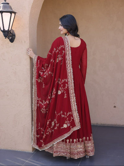 Red Georgette Embroidered Gown Dupatta Set Of 2
