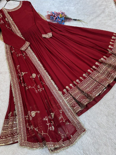 Red Georgette Embroidered Gown Dupatta Set Of 2