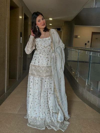 White &amp; Gold Embroidery Work Sharara Suit
