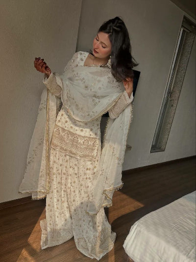 White &amp; Gold Embroidery Work Sharara Suit