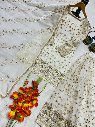 White & Gold Embroidery Work Sharara Suit – BONYHUB
